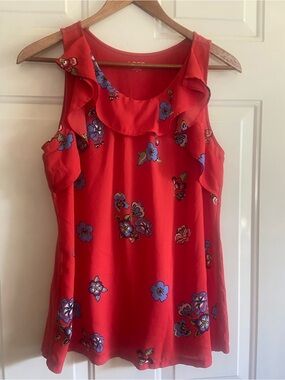 LOFT Red Floral Ruffle Sleeveless Blouse Tank Top Cottagecore Romantic M